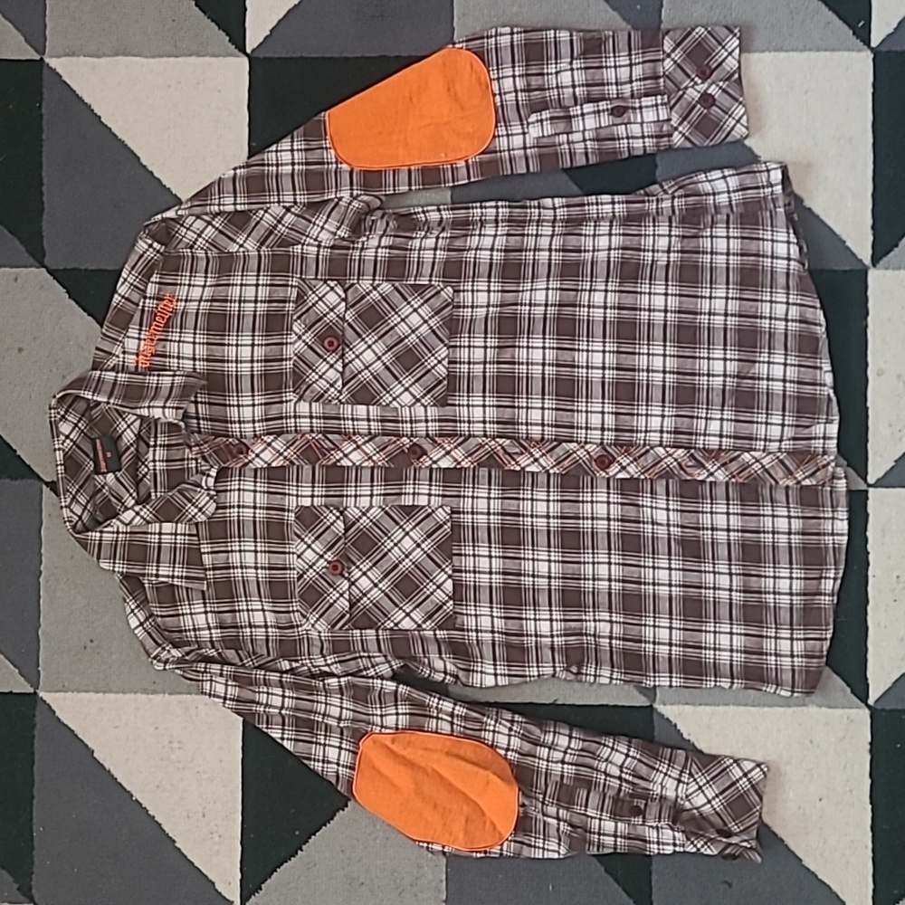 Jagermeister Brown Plaid Shirt with Orange Patches